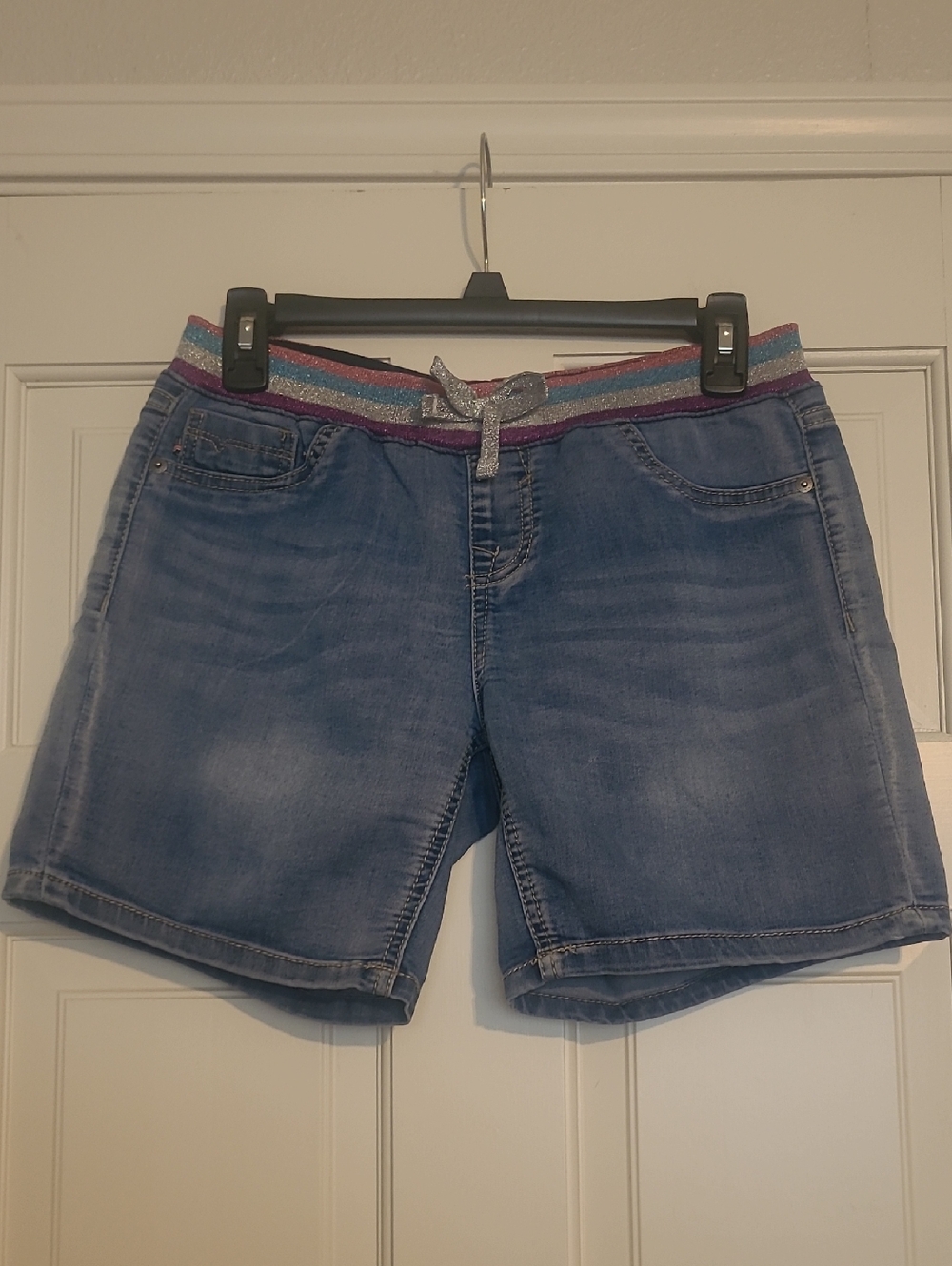 Vigoss Light Blue Denim Shorts with Multicolor Glitter Waistband